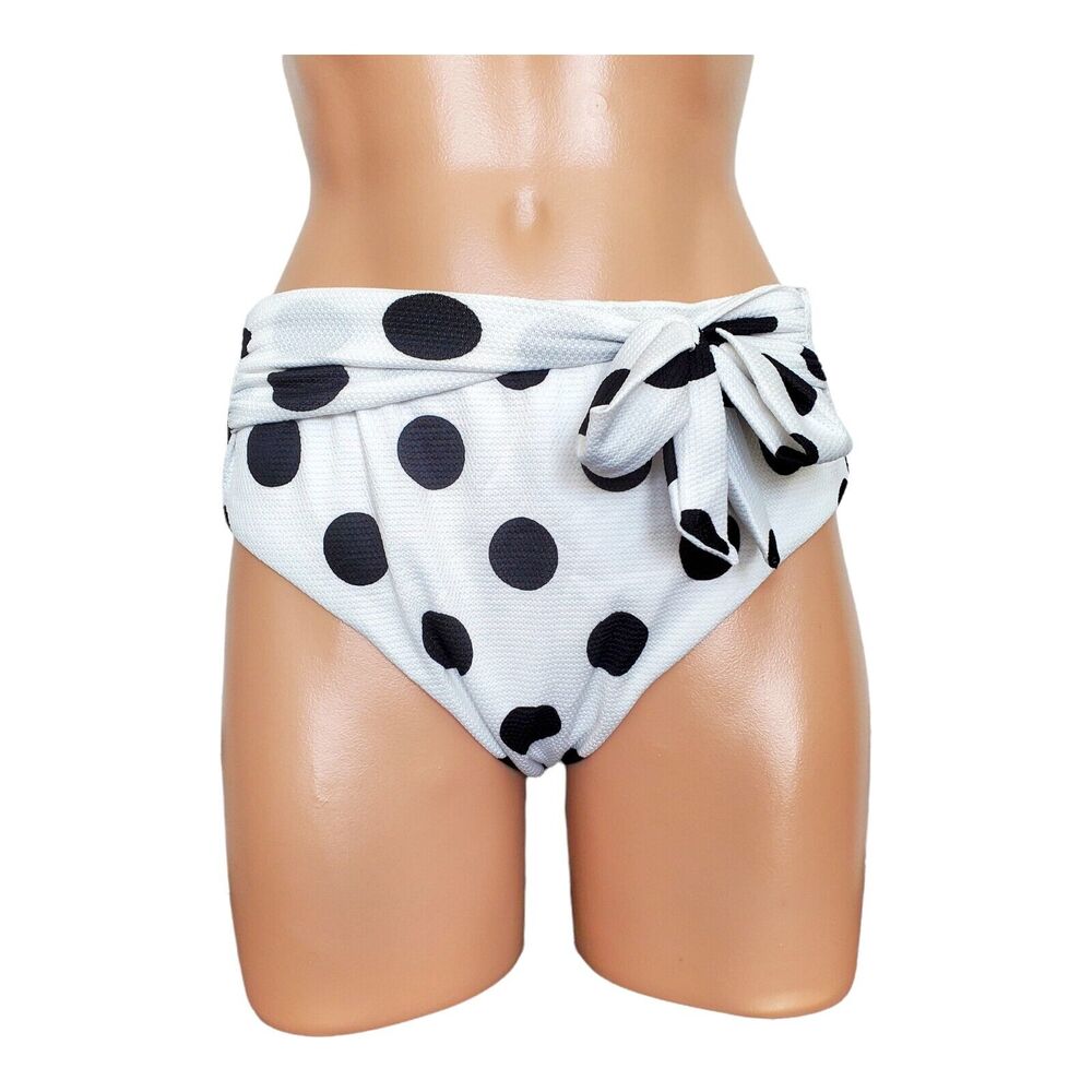 Bar III This and Dot Printed Sash Tie High-waist white bikini bottom size M